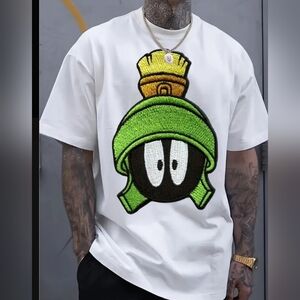 White T-Shirt with Cartoon Embroidery